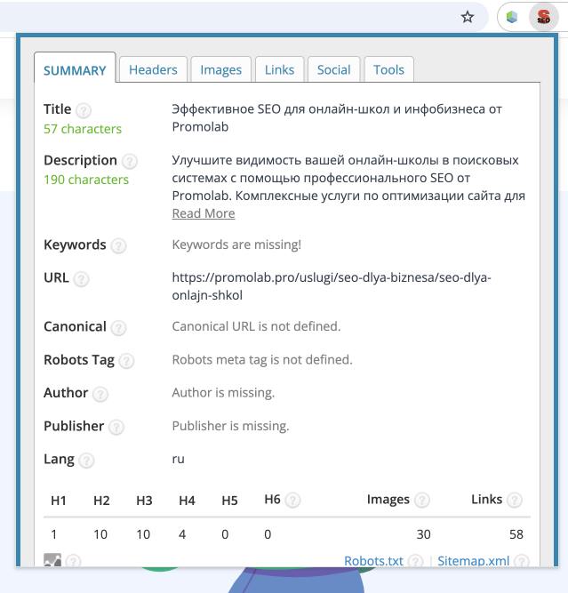 Results of a check with the SEO Meta in 1 click plugin